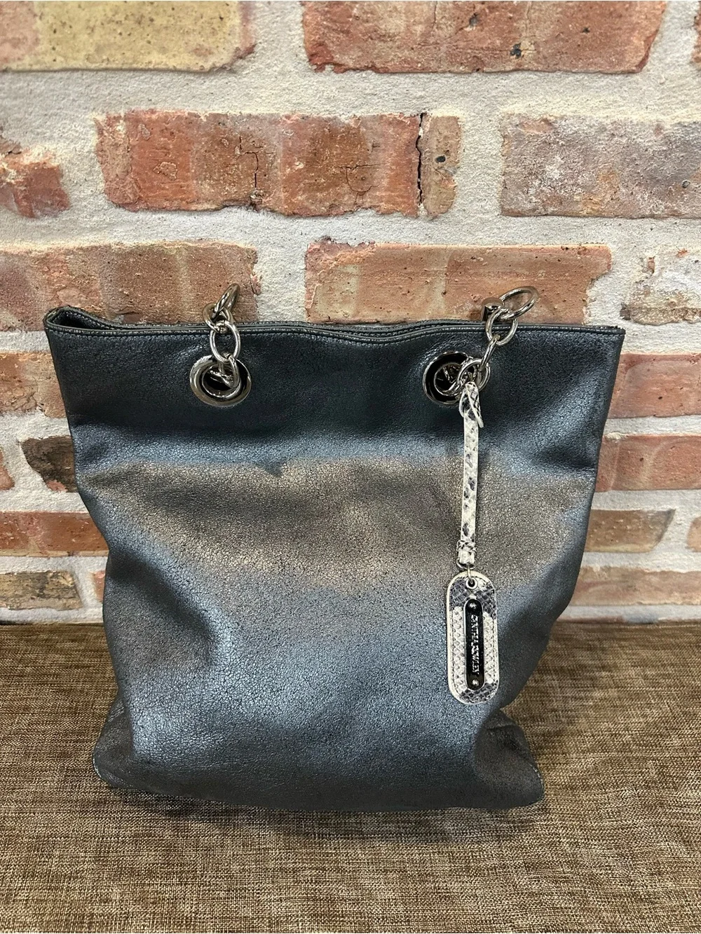 Metallic Black Tote with Snakeskin-Textured Chain Handles